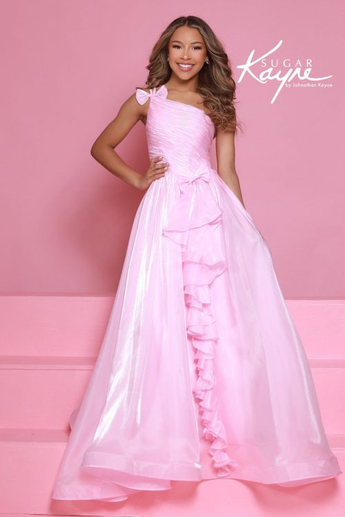 Pink one-shoulder ball gown with ruched bodice and cascading ruffle detail.